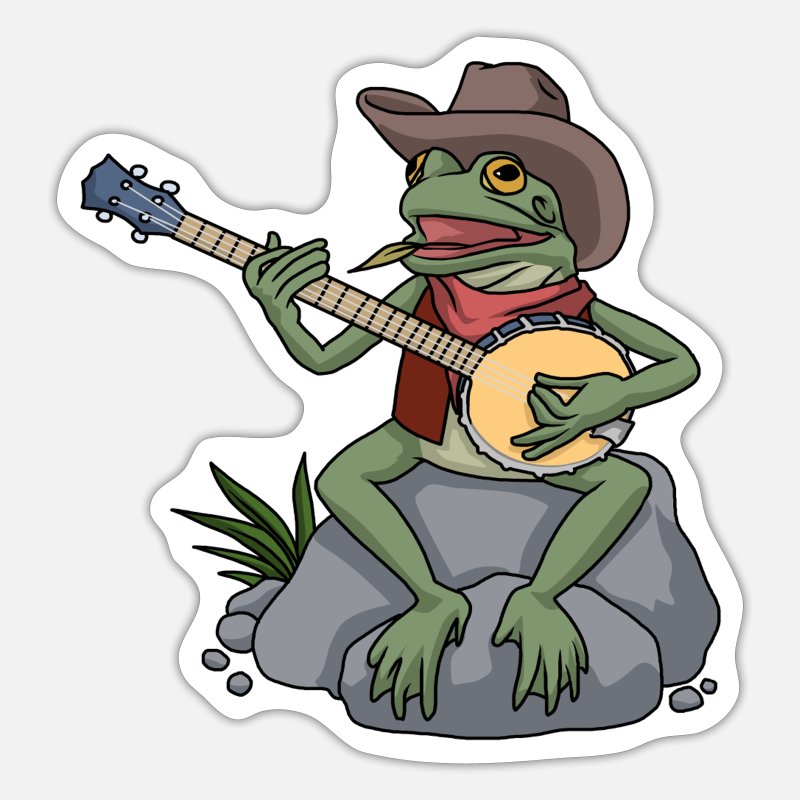 Green cartoon frog wearing cowboy hat and red bandana, playing banjo while sitting on a rock.