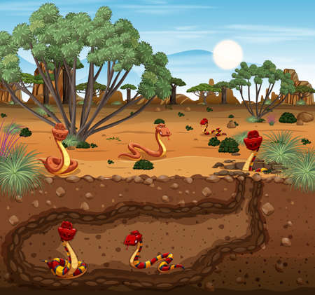 Desert landscape with cobras above and below ground, acacia trees, red mushrooms, and a bright sun.