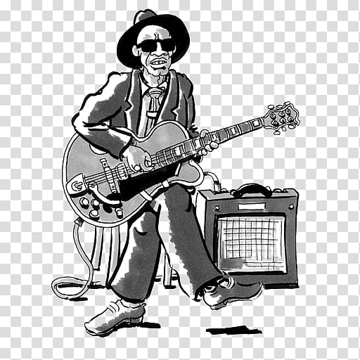 Black-and-white illustration of a blues guitarist in fedora and sunglasses, playing electric guitar beside an amplifier.
