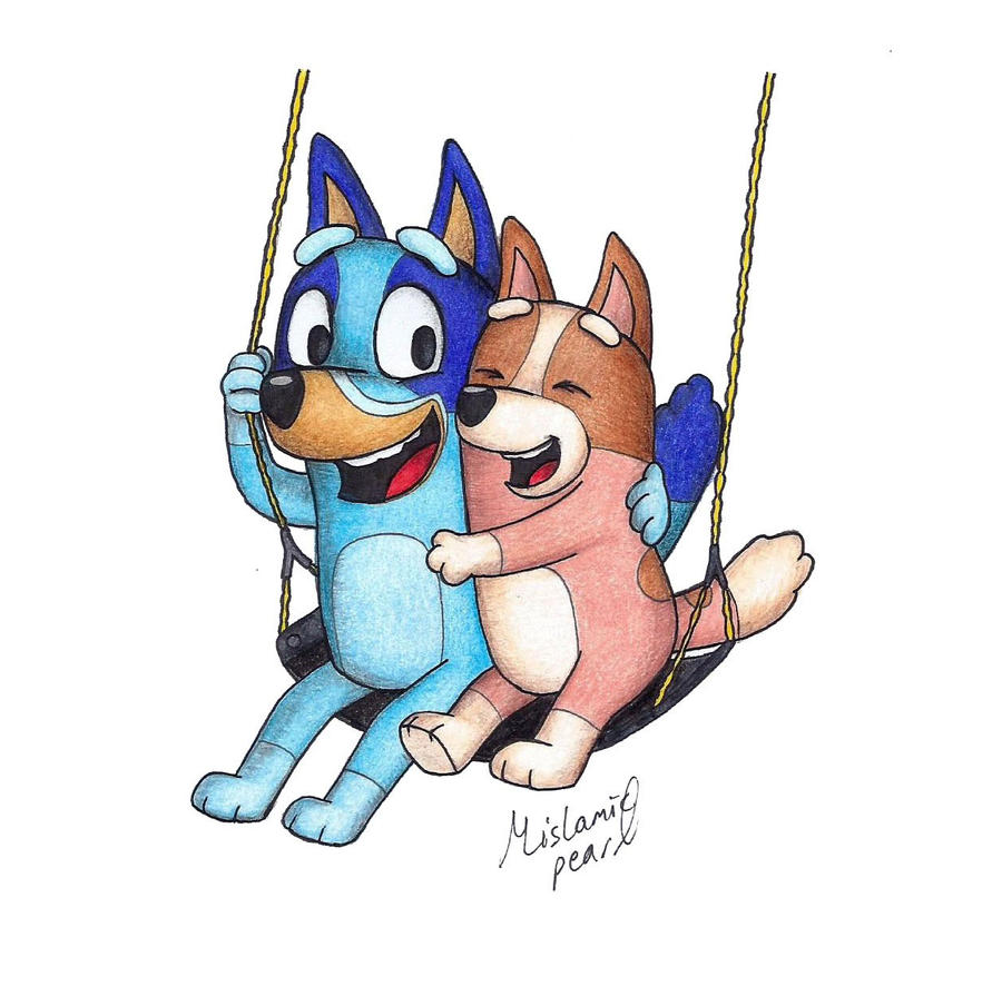Blue and brown cartoon dogs joyfully hugging on a swing, drawn in colorful marker style.
