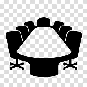 Black silhouette of a round conference table surrounded by office chairs on transparent background.