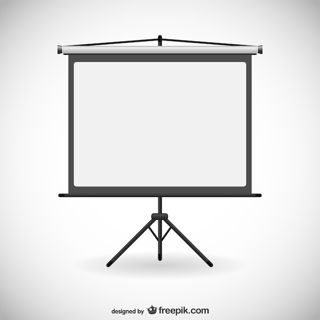 Black portable projector screen on tripod stand with blank white display surface.