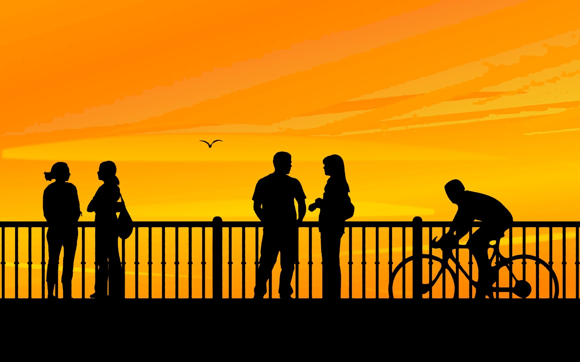 Silhouettes of people on a seaside promenade at sunset, with a cyclist and a bird in flight against vibrant orange skies.