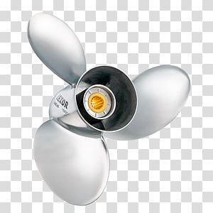 Polished stainless steel 3-blade marine propeller with central hub and yellow anode, isolated on transparent background.