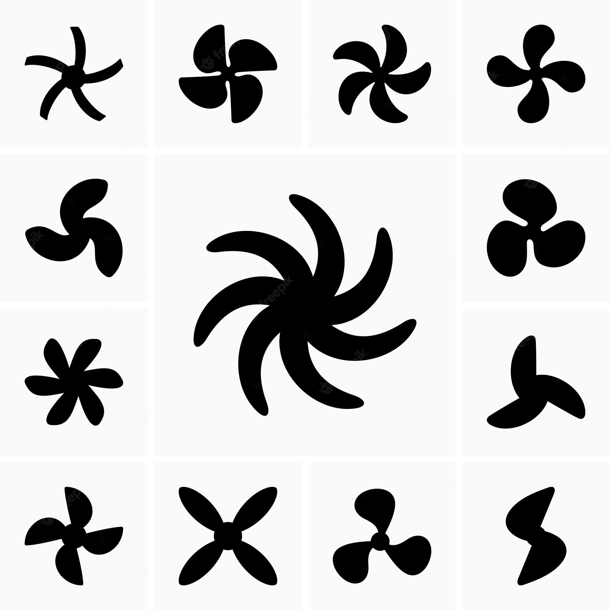 Collection of black propeller and fan blade silhouettes in various designs and blade counts.