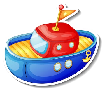A colorful cartoon toy boat with a red cabin, blue hull, yellow deck, and a small flag on top.