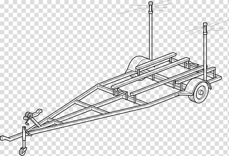 Line drawing of a utility trailer with dual axles, tongue jack, and vertical support poles for securing loads.