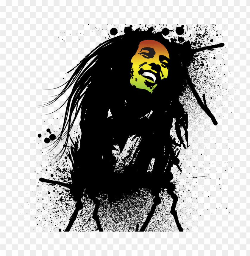 Stylized graffiti art of Bob Marley with Rastafarian colors and black splatter effects on transparent background.