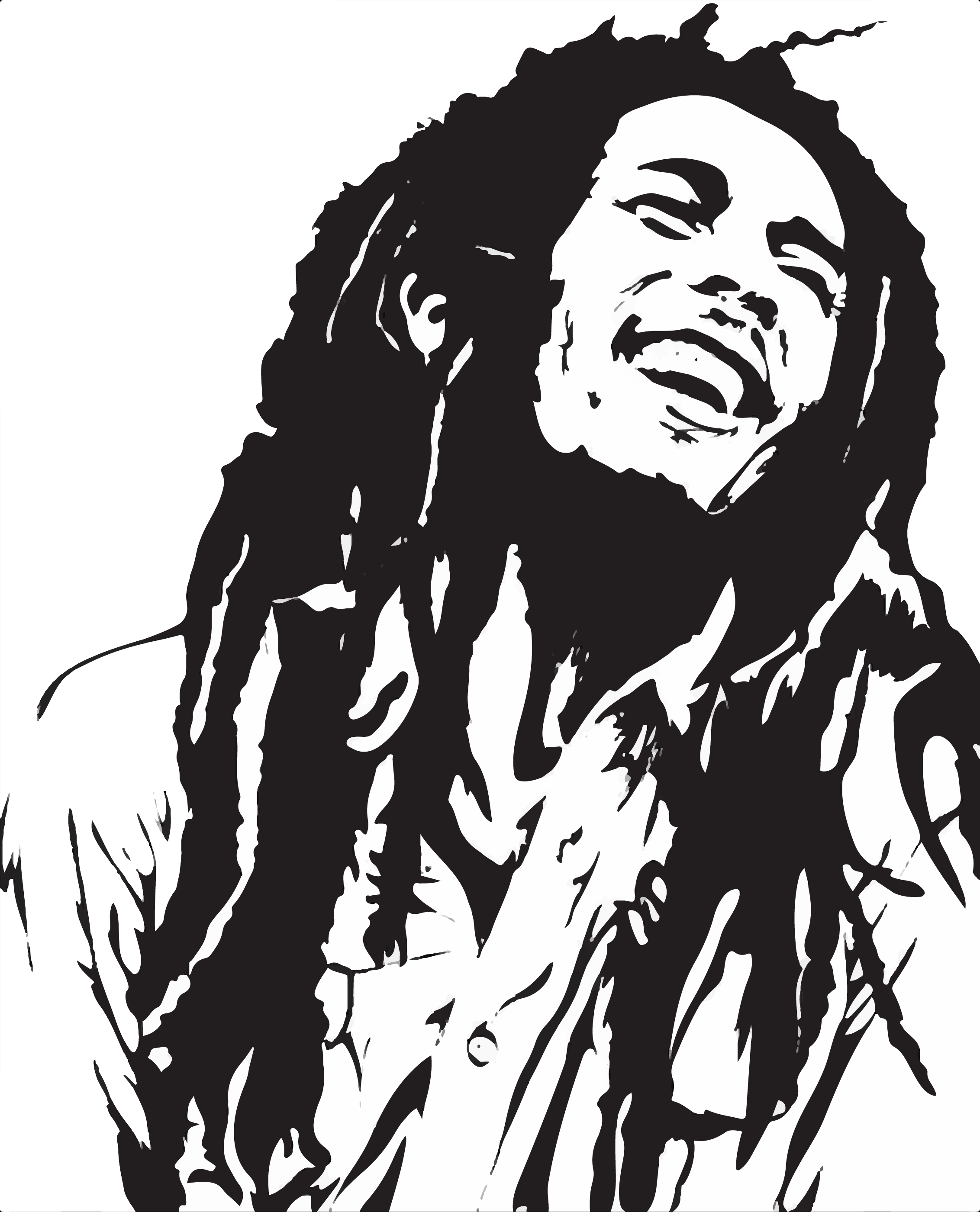 Black-and-white stylized portrait of Bob Marley with dreadlocks, eyes closed, and joyful expression.
