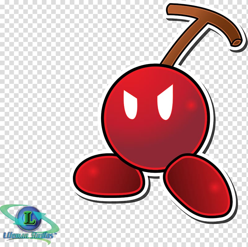 Red cartoon cherry with angry eyes, stem, and three legs-stylized character design by Llieman Studios.