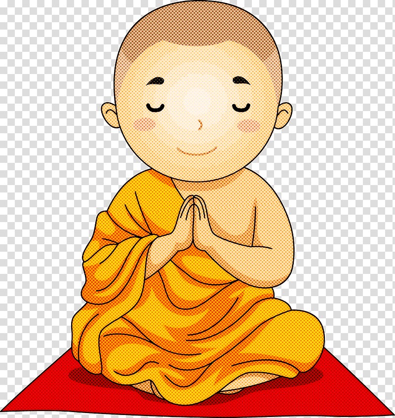 A smiling cartoon monk in orange robes sits cross-legged on a red mat, hands in prayer position with eyes closed.