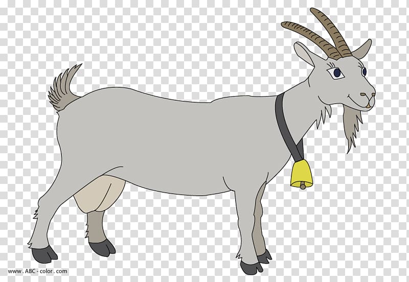Gray cartoon goat with curved horns, beard, and yellow bell on black collar, standing in profile against transparent background.