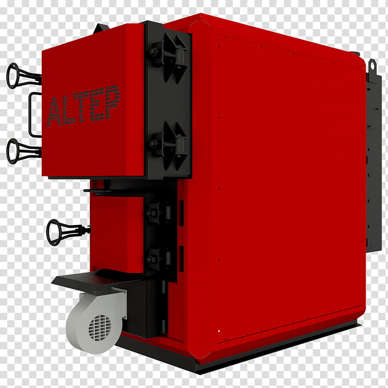 Red industrial boiler unit with black accents, branded "ALTEP", featuring air intake fan and connection ports.