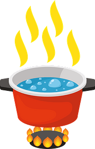 Red pot with boiling water and steam on a gas flame stove, cartoon-style illustration.