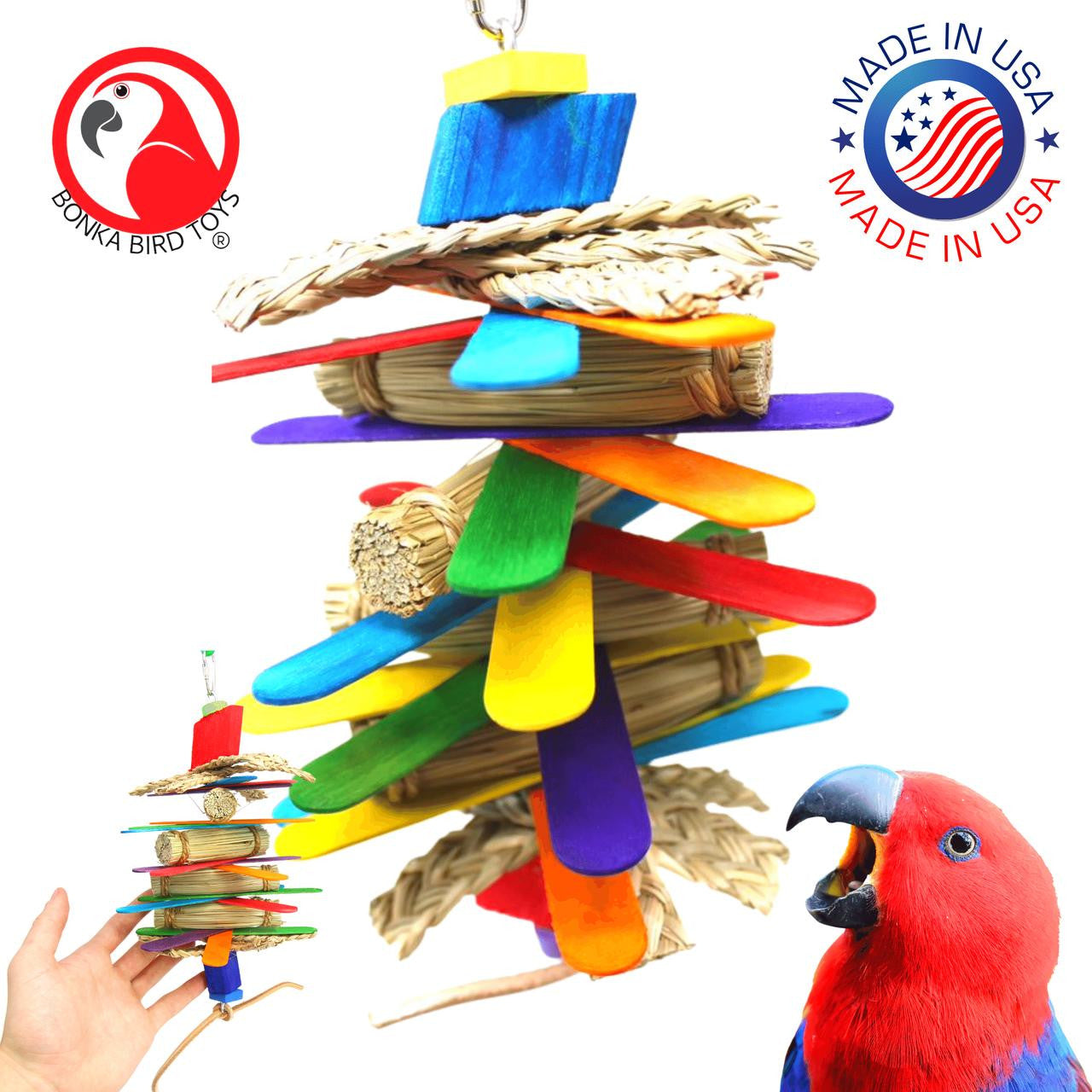 Rainbow Wooden Bird Toy - Handcrafted, USA-Made Parrot Enrichment Toy by Bonka Bird Toys