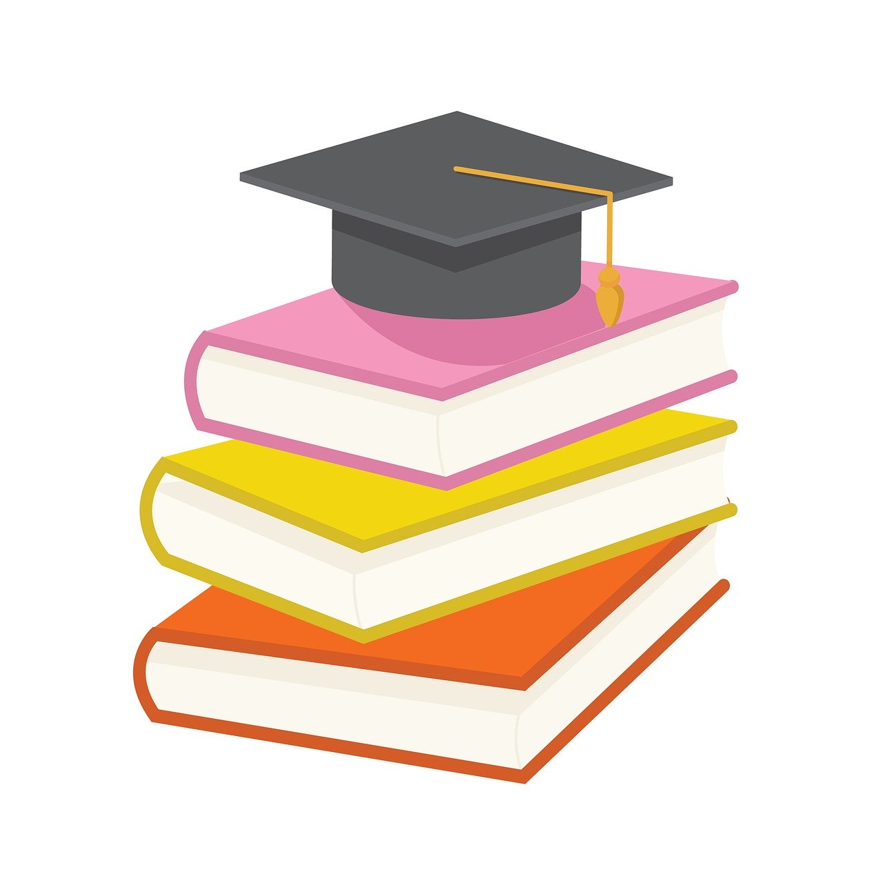 Graduation cap atop a stack of three colorful books-pink, yellow, and orange-symbolizing academic achievement and learning.