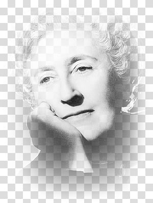 Black-and-white portrait of Agatha Christie resting her chin on her hand, thoughtful expression, curly hair framing face.
