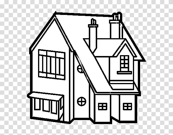 Black-and-white line drawing of a two-story house with gabled roof, chimneys, windows, and porch.