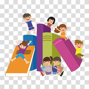 Happy children playing on and around colorful oversized books in a joyful learning scene.