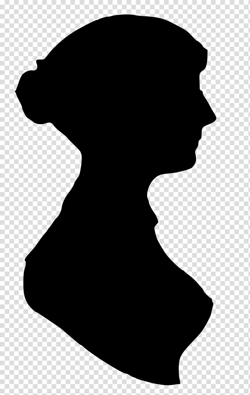 Black silhouette of a woman’s profile in vintage hairstyle, facing right, bust-length on transparent background.