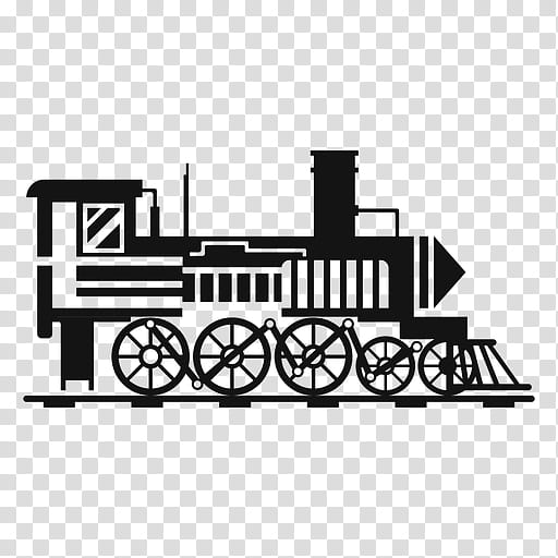 Black silhouette of a vintage steam locomotive on tracks, side view with detailed wheels and cabin.
