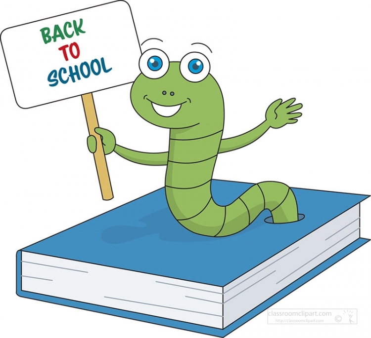 Friendly green cartoon worm on a blue book holding a "Back to School" sign and waving.