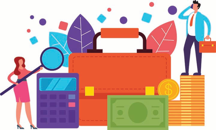Business professionals analyzing finances with calculator, briefcase, coins, and cash amid colorful abstract elements.