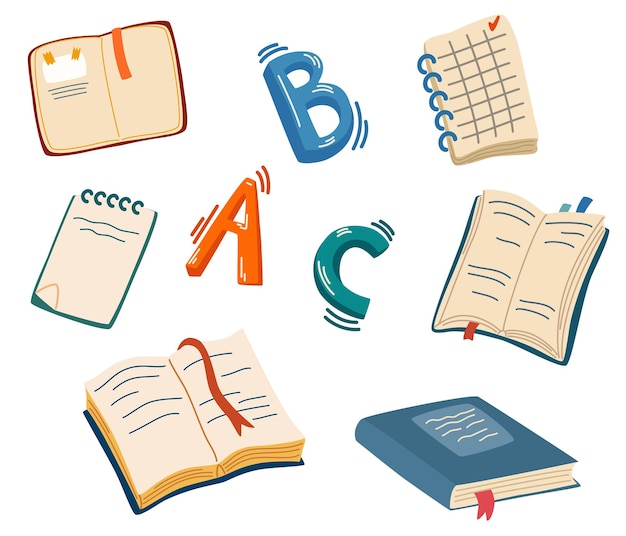 Illustrated collection of books, notebooks, and alphabet letters A, B, C with sound effects, symbolizing learning and literacy.