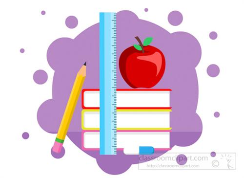 Stack of books with ruler, pencil, and red apple on purple background-education theme illustration.