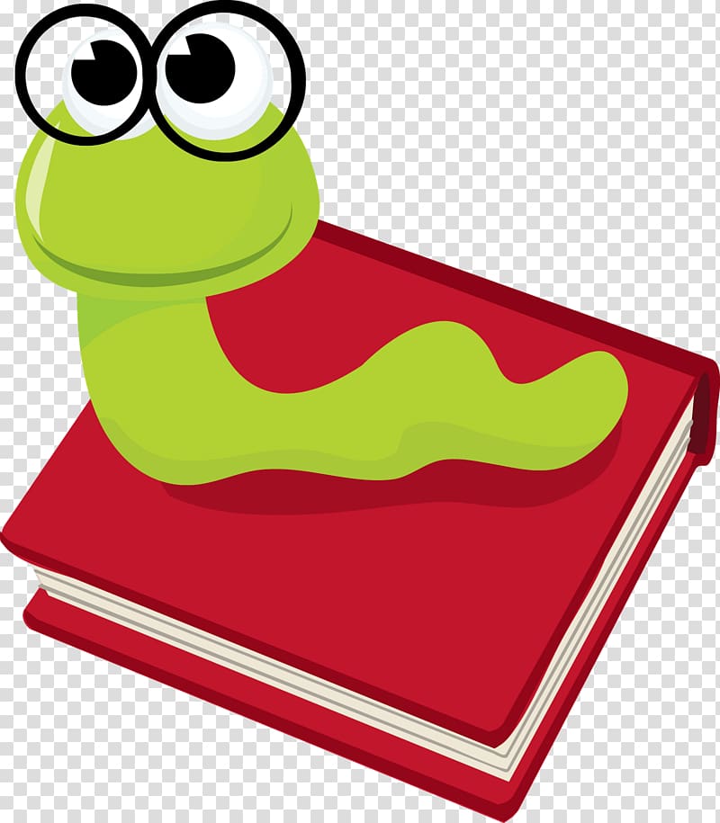 A cartoon green worm with big eyes wearing glasses, lying on a red book.