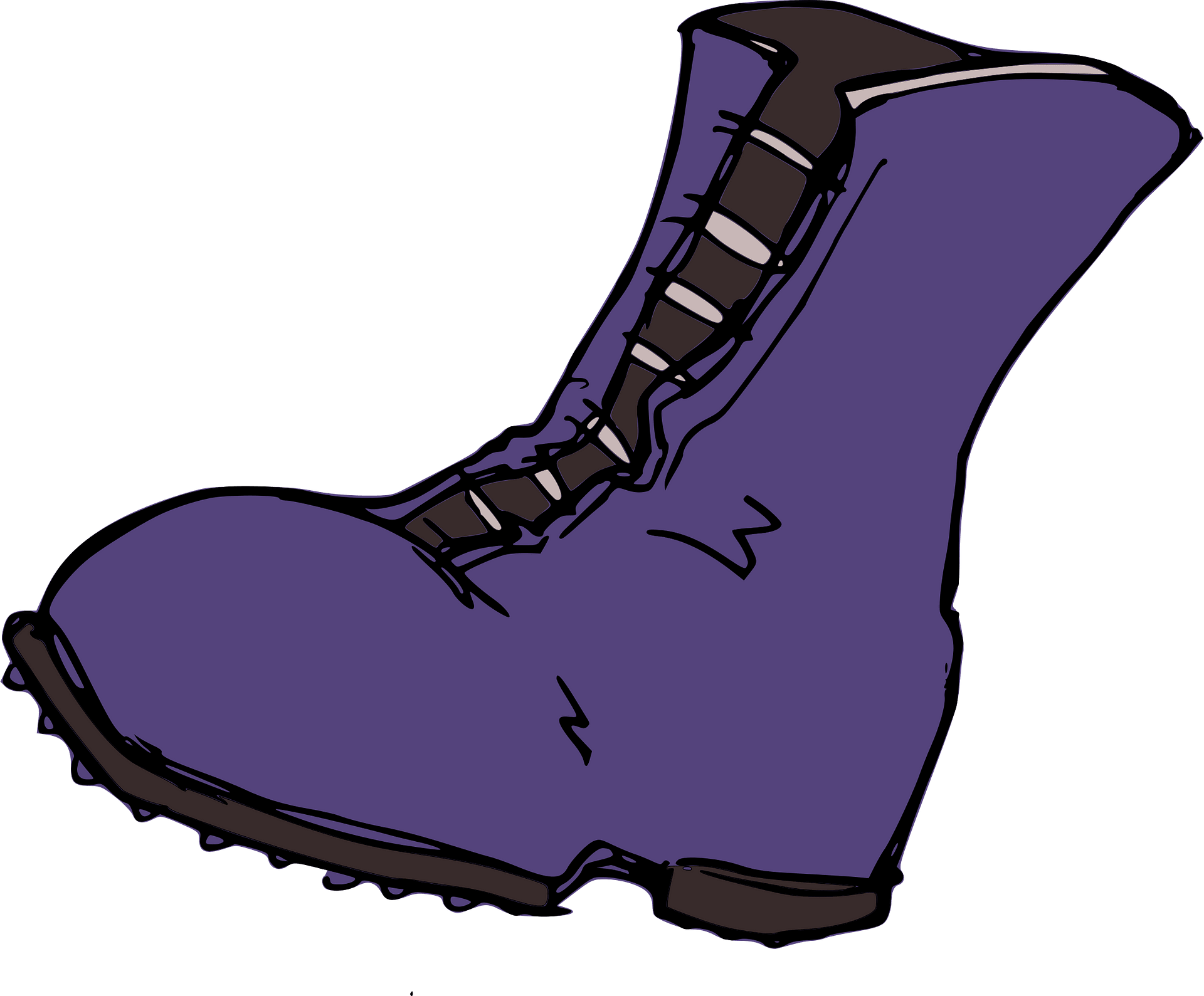 Purple combat-style boot with brown laces, sole, and eyelets, illustrated in bold cartoon style against teal background.