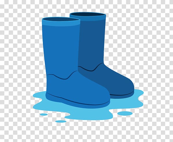A pair of blue rubber rain boots standing in a shallow puddle, cartoon-style illustration.