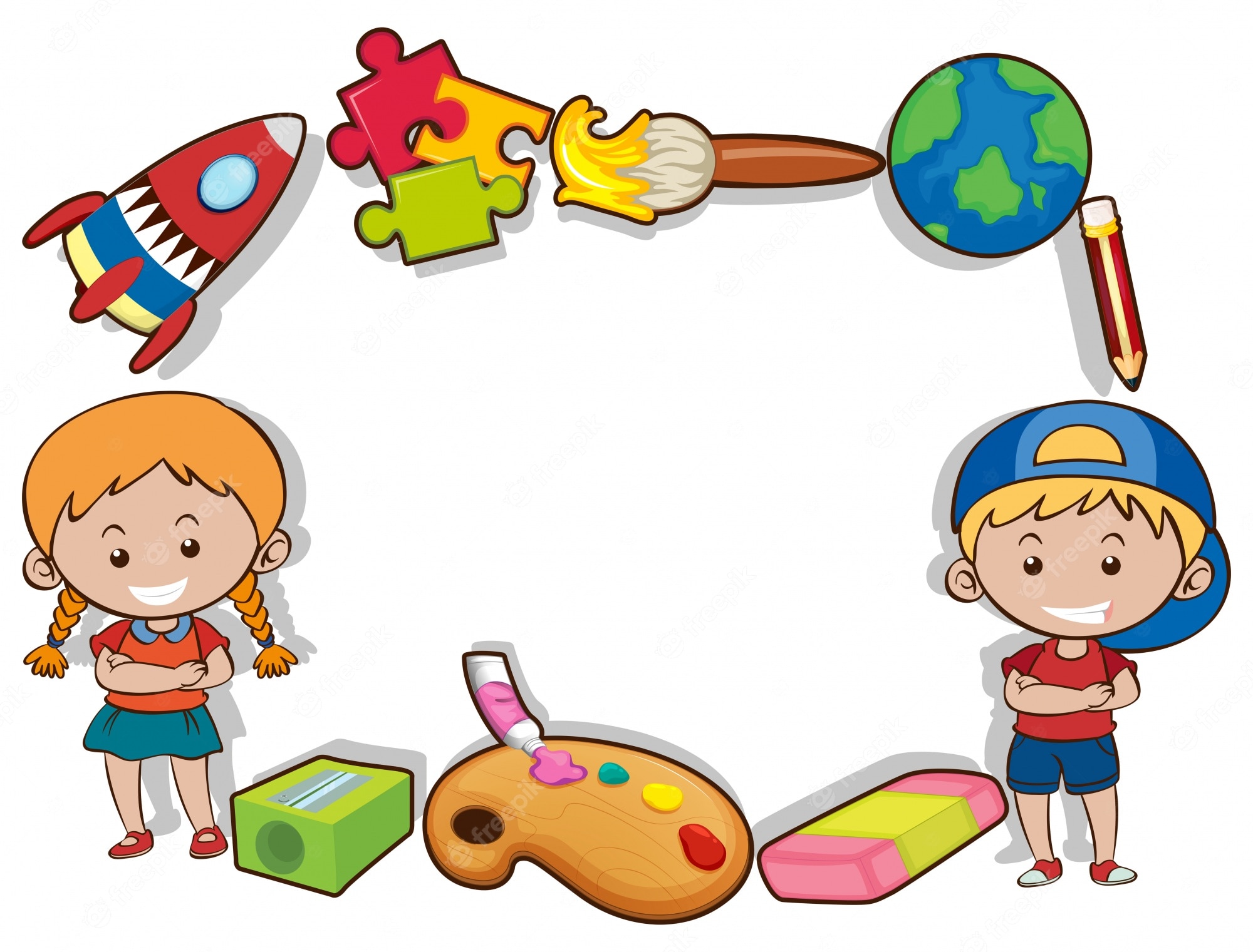 Cartoon children surrounded by educational toys and art supplies including rocket, puzzles, paintbrush, globe, pencil, palette, eraser, and sharpener.