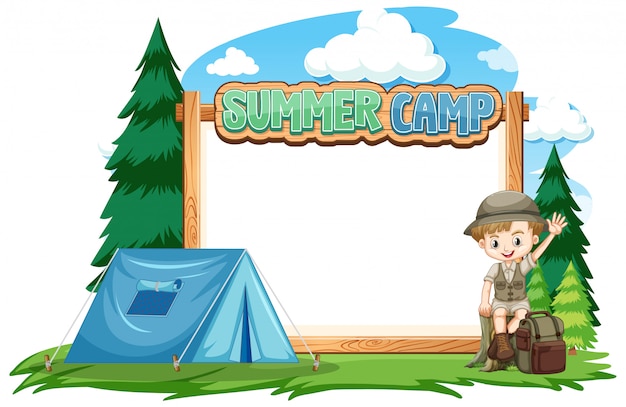 Cartoon boy in scout uniform waving beside a blue tent and wooden "Summer Camp" sign with pine trees and clouds.