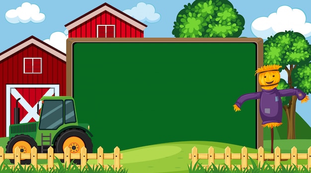 Farm scene with red barns, green tractor, scarecrow, wooden fence, and blank chalkboard under blue sky.