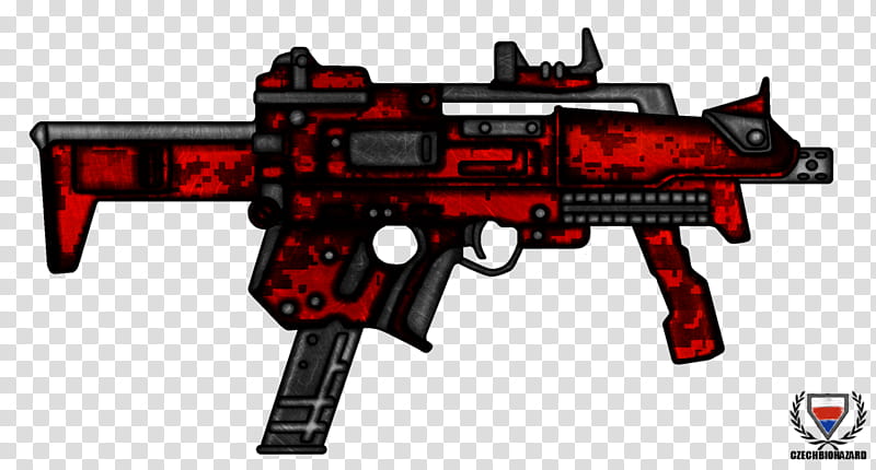 Red and black digital-camouflage assault rifle with futuristic design and tactical attachments.