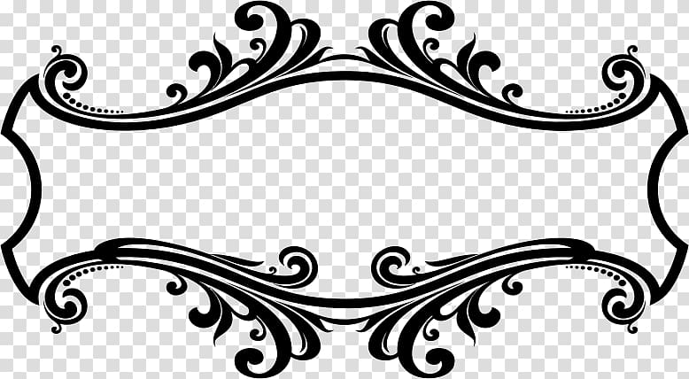 Elegant black-and-white ornamental frame with baroque-style scrollwork and dotted accents on transparent background.