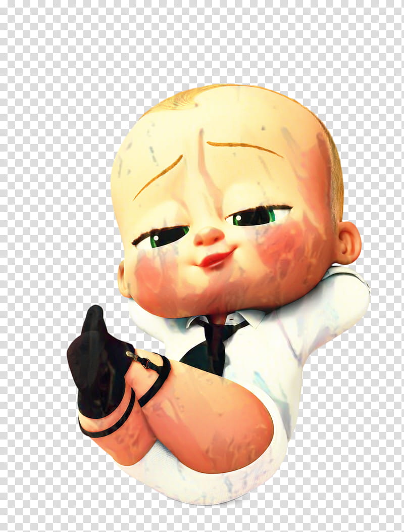 The Boss Baby character in a white shirt and black tie, holding a black shoe with a confident smirk.