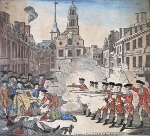 British soldiers fire into a crowd in Boston, 1770, with smoke, fallen civilians, and the Old State House in background.