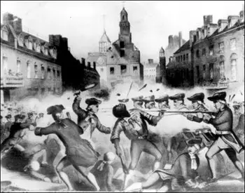 Historical engraving depicting a violent street clash between soldiers and civilians in 18th-century colonial America, with a church in background.