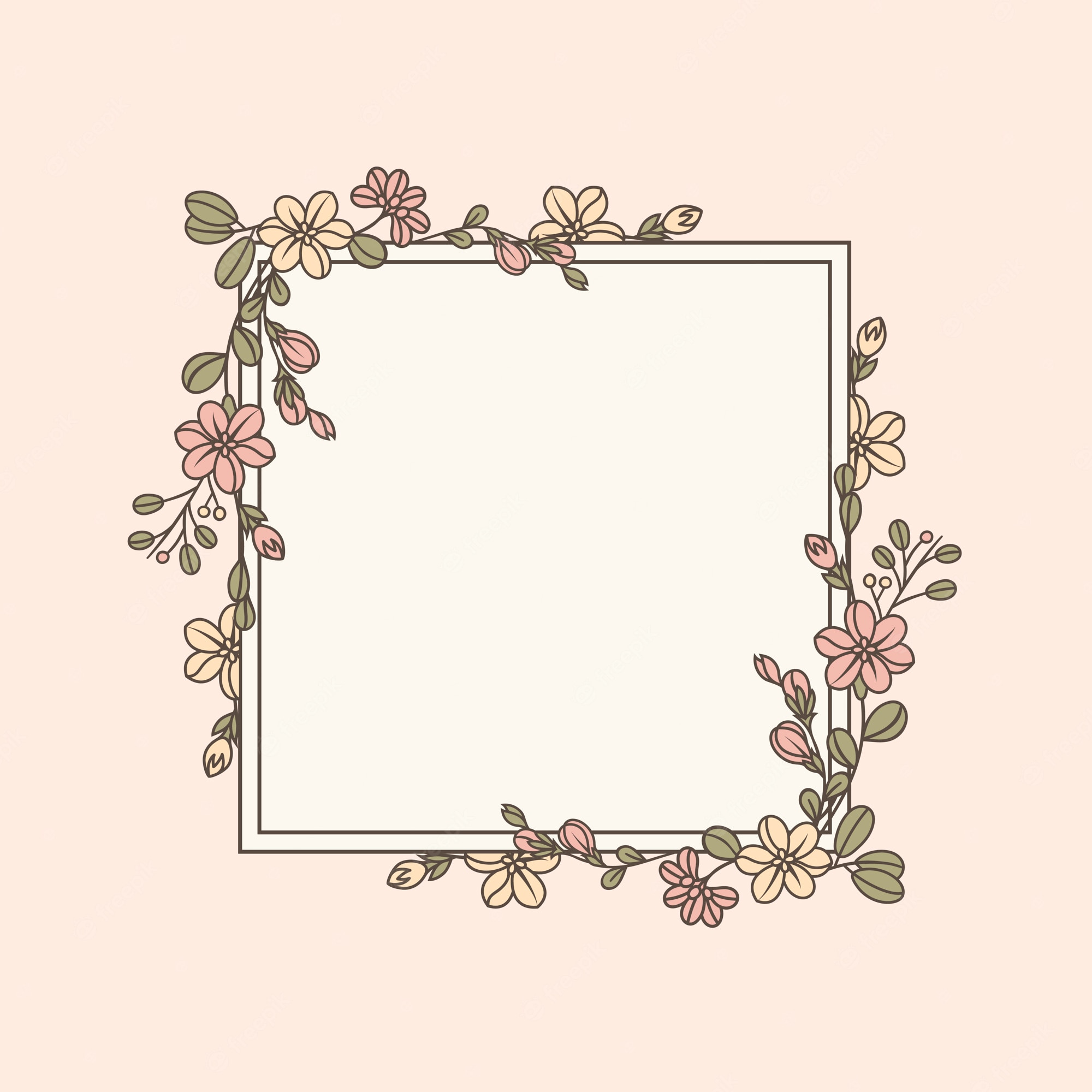 Delicate floral frame with pink and cream blossoms and green leaves on a soft beige background.