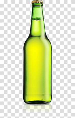A clear green glass beer bottle with a gold-colored crown cap, isolated on transparent background.
