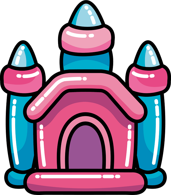 Colorful cartoon-style inflatable bouncy castle with pink and blue towers and arched entrance.