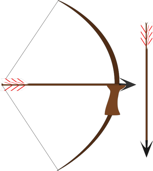 A brown recurve bow with a drawn arrow featuring red-and-white fletching, alongside a second upright arrow with identical fletching.