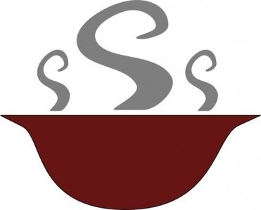 A stylized red bowl with gray steam rising, forming an abstract 'S' shape.