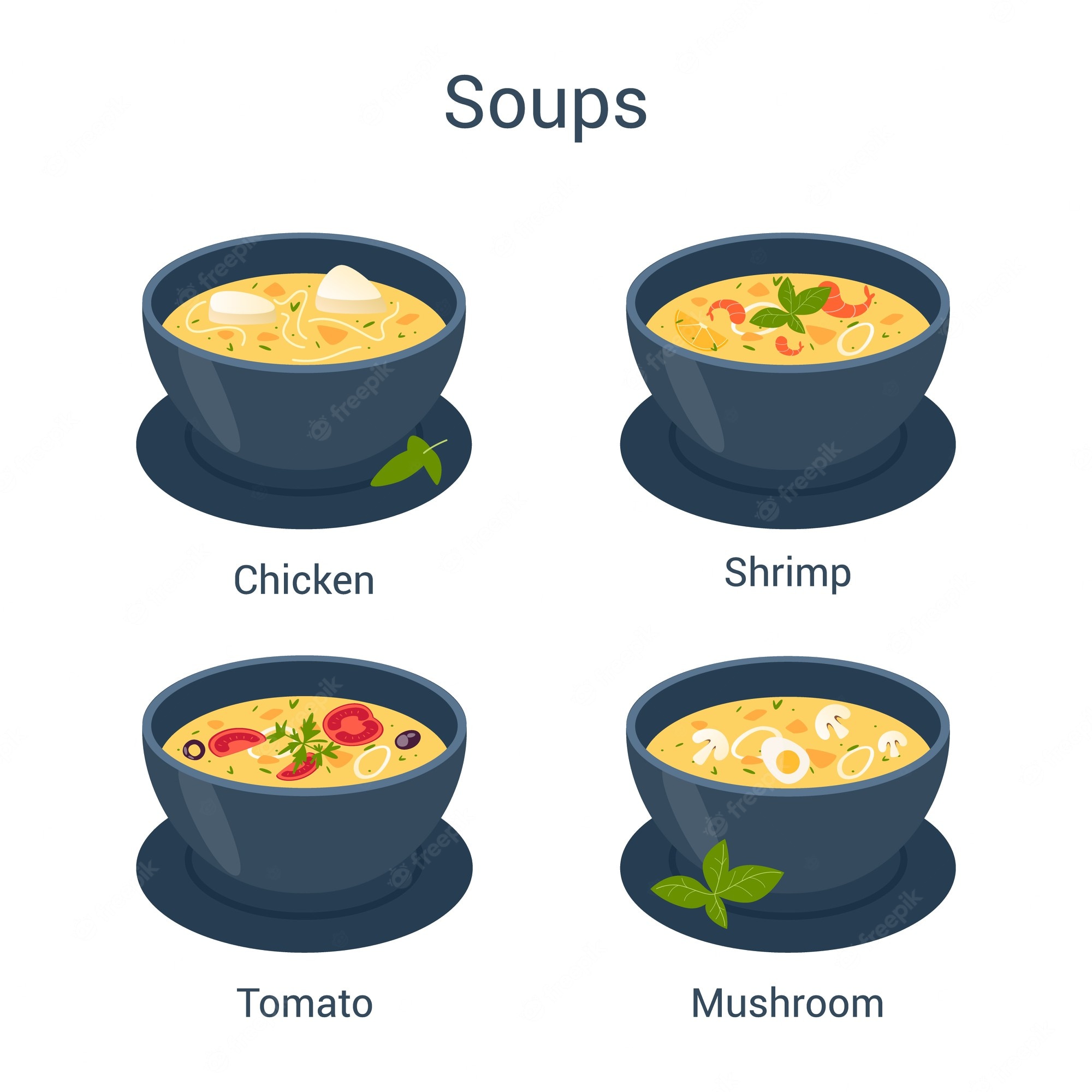 Four illustrated soup varieties: chicken, shrimp, tomato, and mushroom in dark bowls with garnishes.