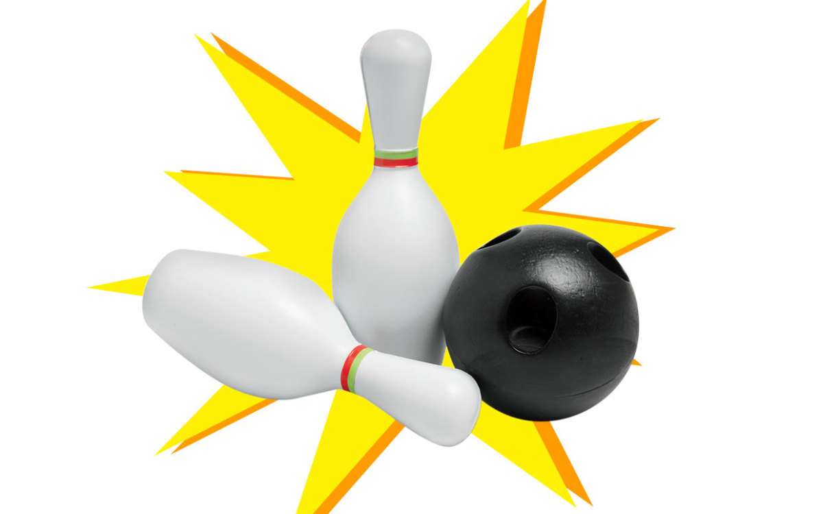 A black bowling ball striking two white pins with a vibrant yellow starburst background.
