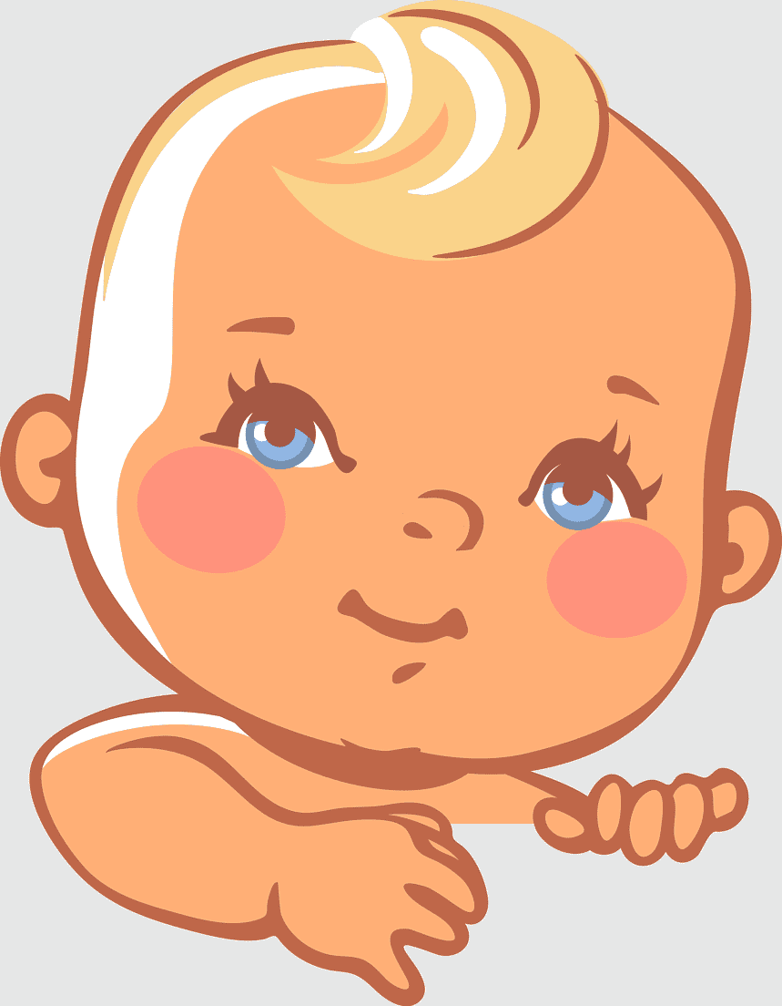 Smiling cartoon baby with blond hair, blue eyes, and rosy cheeks peeking over a surface.