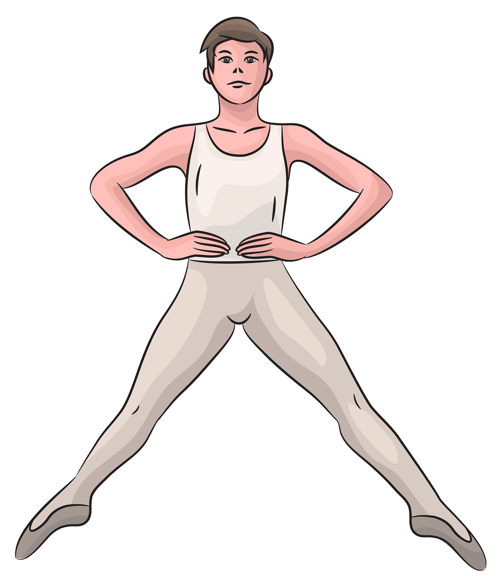 Male ballet dancer in white leotard and tights, standing in second position with hands on hips.