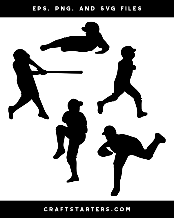 Five black silhouettes of baseball players in action poses: batting, pitching, running, fielding, and diving.